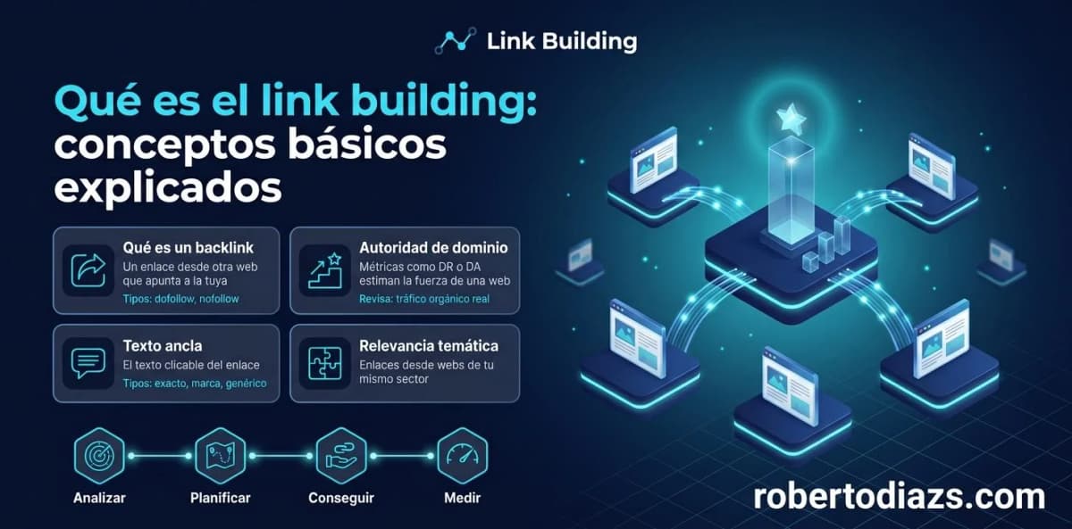 Qué es el link building: conceptos básicos explicados, con backlink, autoridad de dominio, texto ancla y relevancia temática