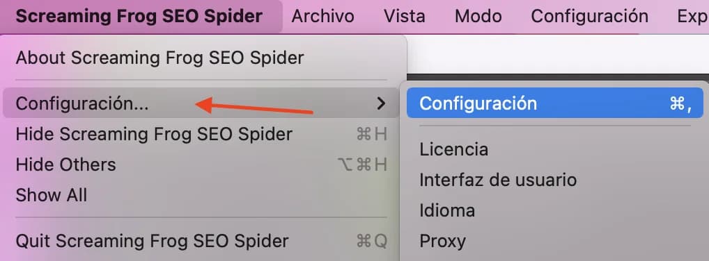 Menú de Screaming Frog SEO Spider: Configuración… con la opción Configuración seleccionada