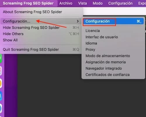 Menú Configuración de Screaming Frog SEO Spider