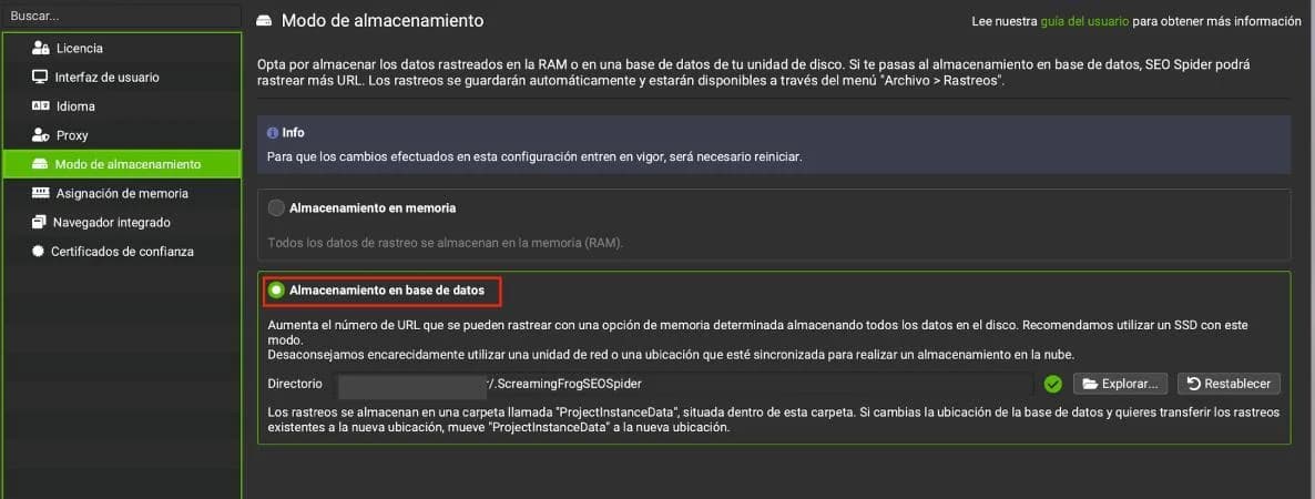 Modo de almacenamiento en base de datos en Screaming Frog