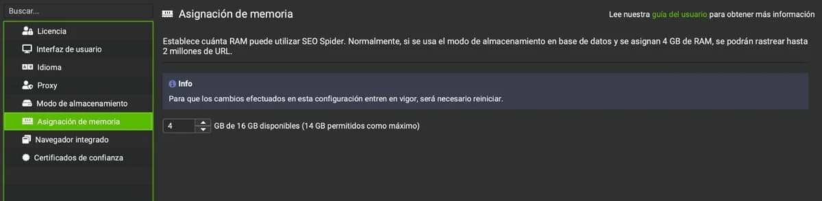Asignación de memoria RAM en Screaming Frog