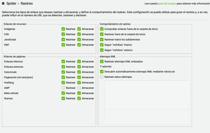 Configuración Spider > Rastreo en Screaming Frog