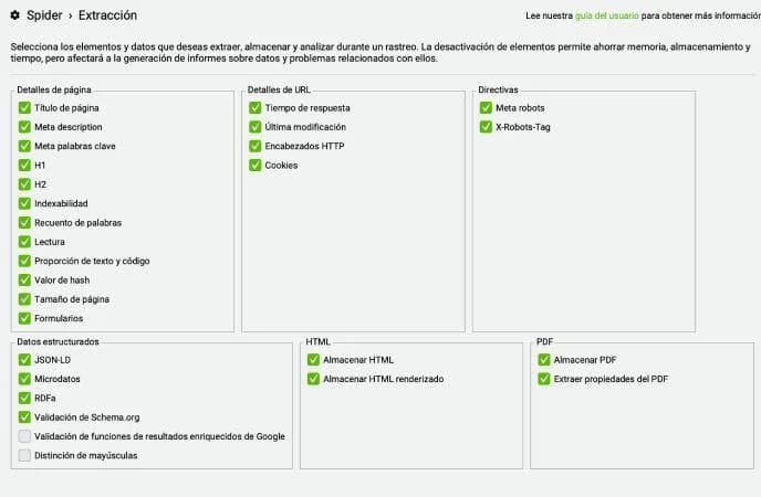 Configuración Spider > Extracción en Screaming Frog