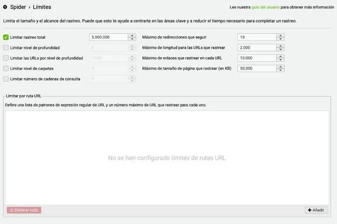 Configuración Spider > Límites en Screaming Frog