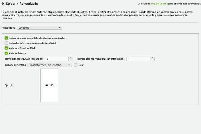 Configuración Spider > Renderizado en Screaming Frog