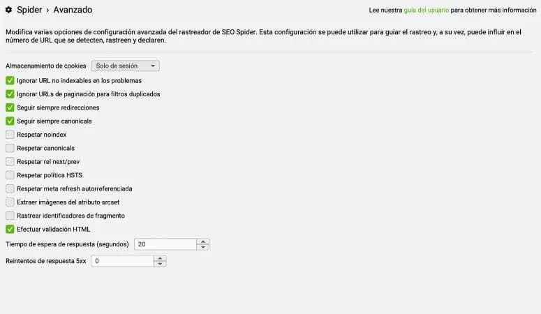 Configuración Spider > Avanzado en Screaming Frog