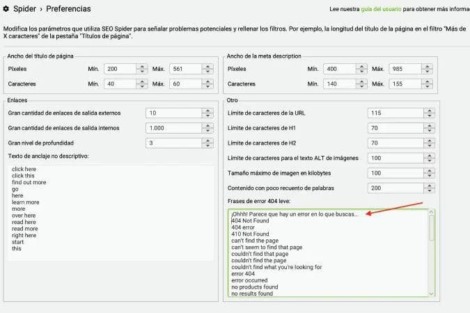 Configuración Spider > Preferencias en Screaming Frog