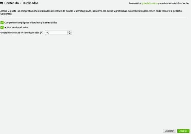 Configuración Contenido > Duplicados en Screaming Frog