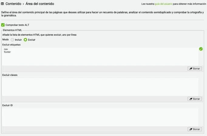 Configuración Contenido > Área del contenido en Screaming Frog