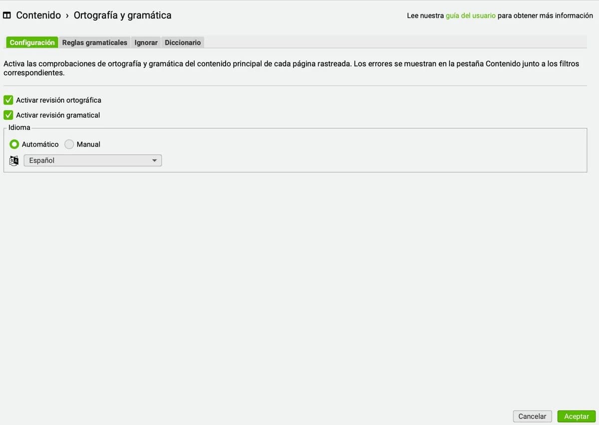 Configuración Contenido > Ortografía y gramática en Screaming Frog