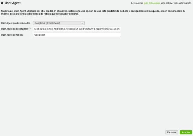 Configuración de User-Agent en Screaming Frog
