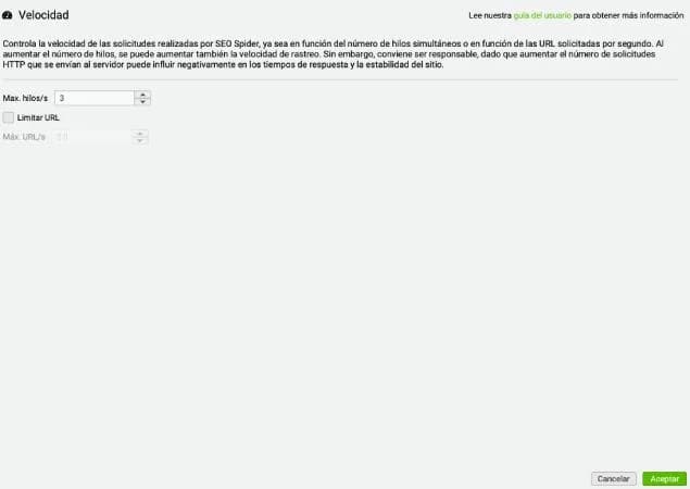 Configuración de velocidad de rastreo en Screaming Frog
