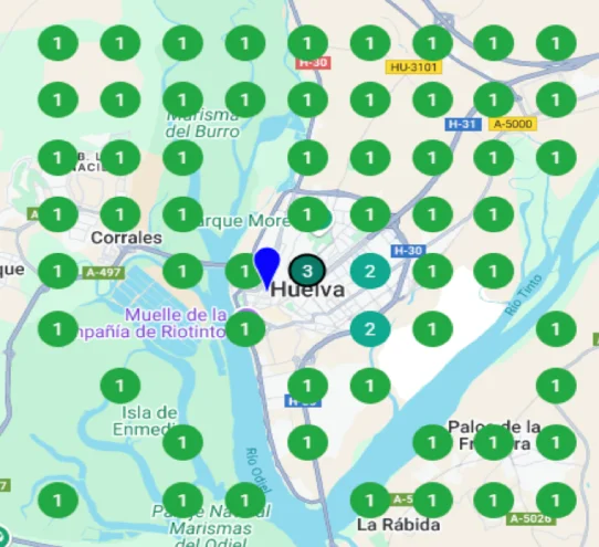Mapa de posicionamiento local — Clínica dental en Huelva