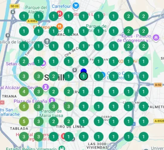 Mapa de posicionamiento local — Bufete de abogados en Sevilla